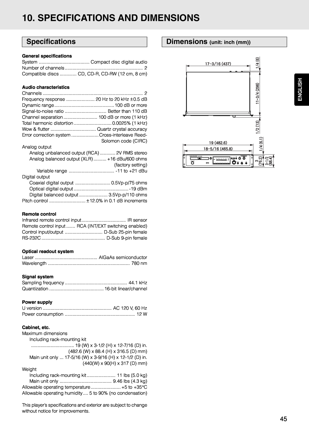 Marantz PMD325 Specifications And Dimensions, Dimensions unit: inch mm, English, General specifications, Remote control 