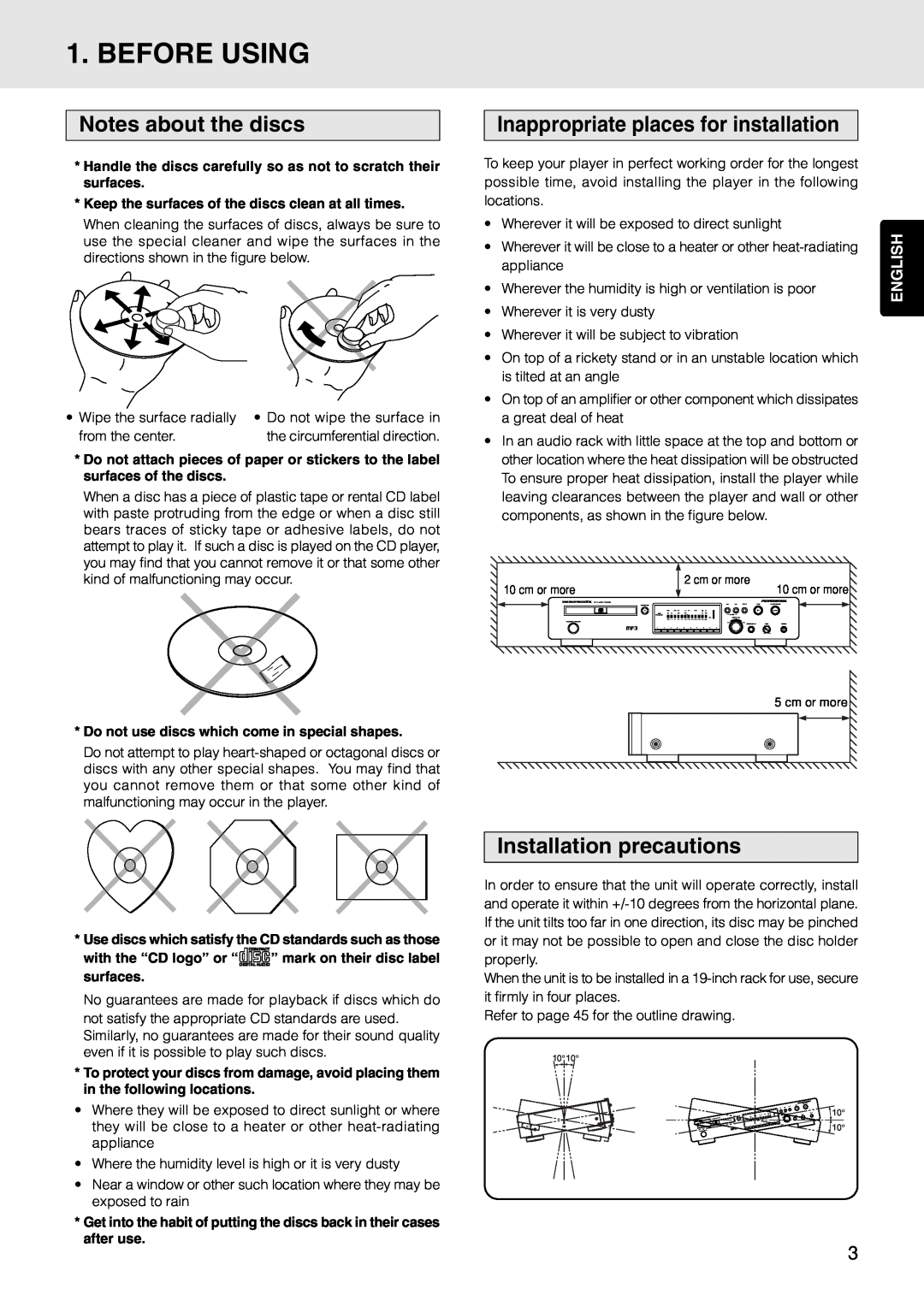 Marantz PMD325 manual Before Using, Notes about the discs, Inappropriate places for installation, Installation precautions 