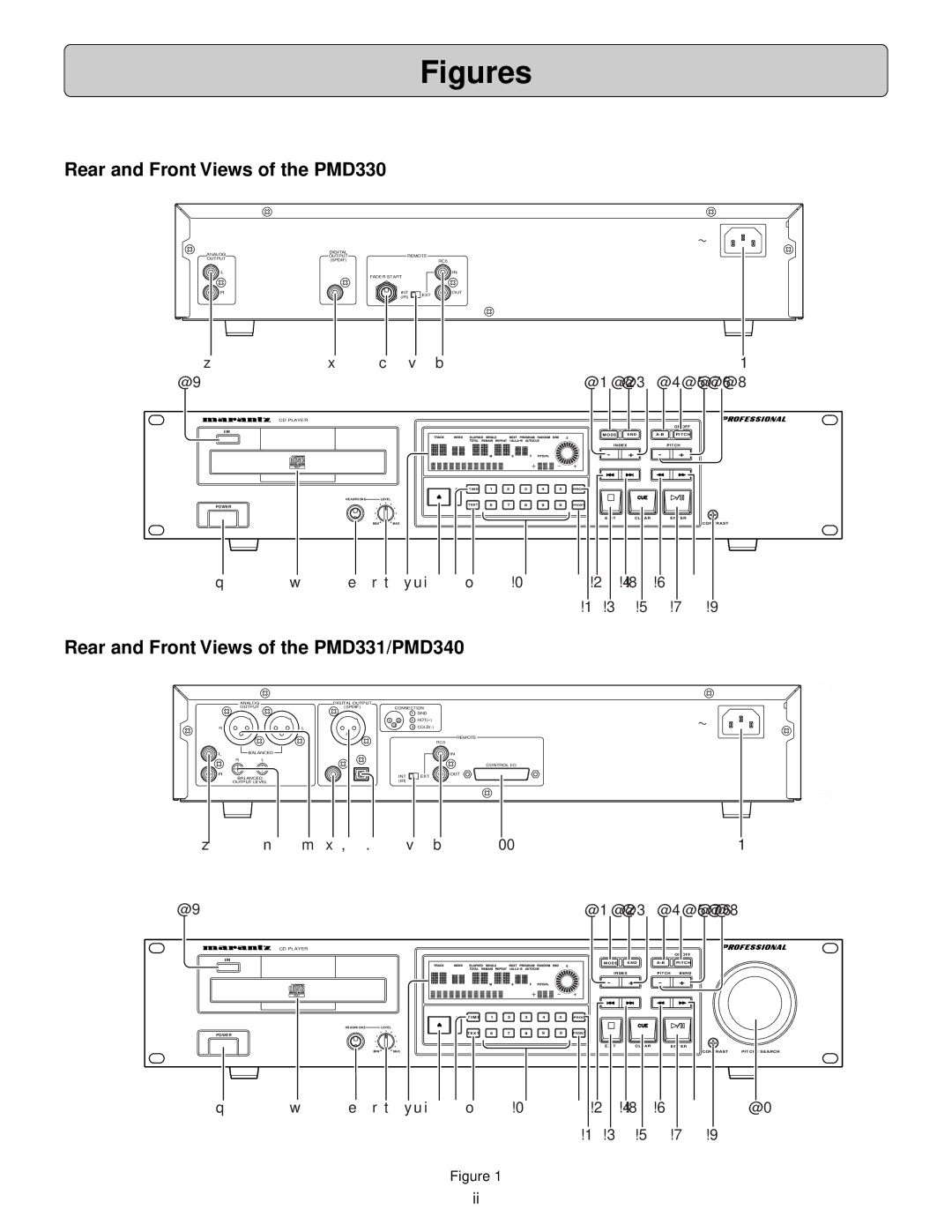 Marantz manual Rear and Front Views of the PMD330, Rear and Front Views of the PMD331/PMD340 