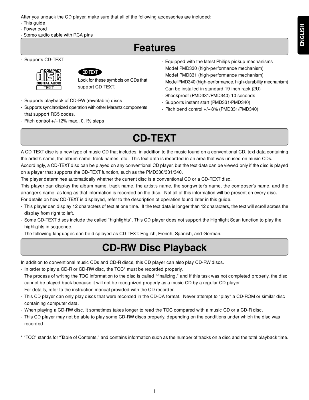 Marantz PMD330, PMD331, PMD340 manual Features, CD-RW Disc Playback 