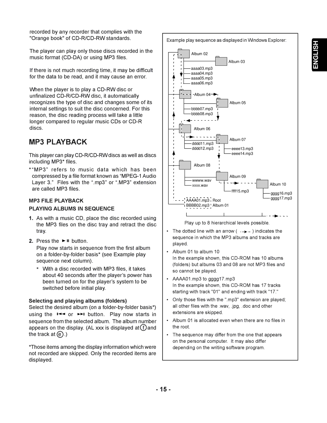 Marantz PMD351 manual MP3 Playback, MP3 File Playback Playing Albums in Sequence, Selecting and playing albums folders 