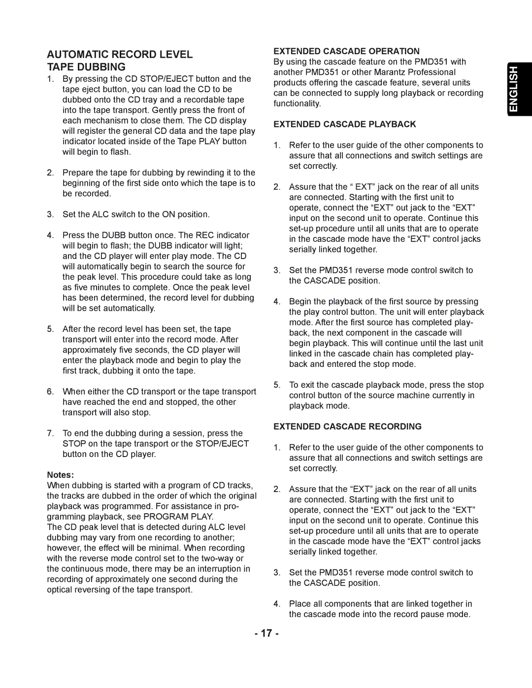 Marantz PMD351 manual Automatic Record Level Tape Dubbing, Extended Cascade Operation, Extended Cascade Playback 