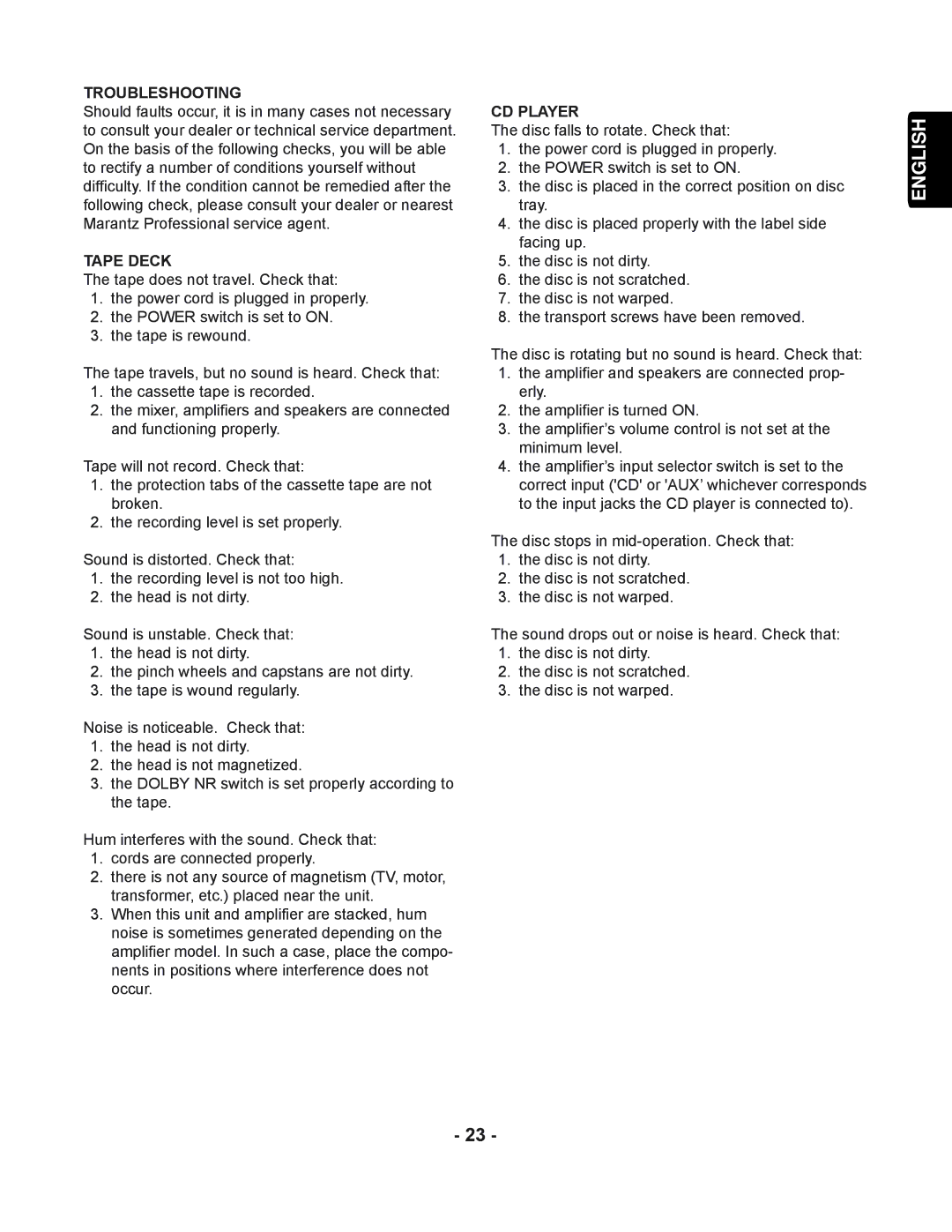 Marantz PMD351 manual Troubleshooting, Tape Deck, CD Player 