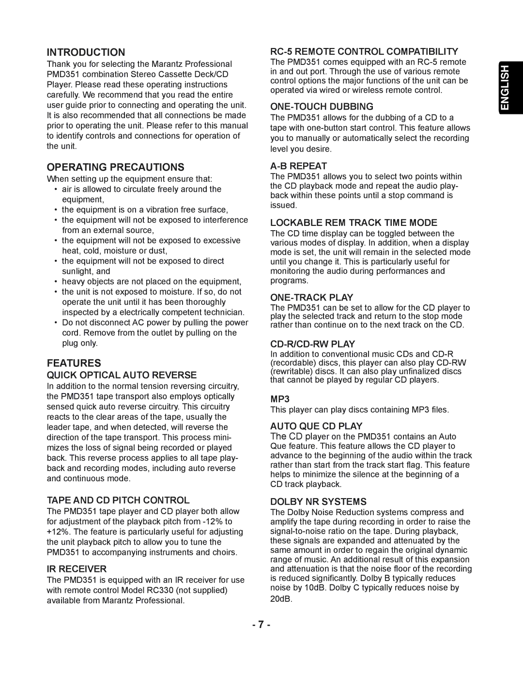 Marantz PMD351 manual Introduction, Operating Precautions, Features 