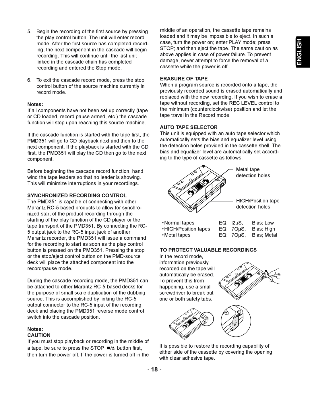 Marantz PMD351 manual English, Erasure Of Tape, Auto Tape Selector, To Protect Valuable Recordings 