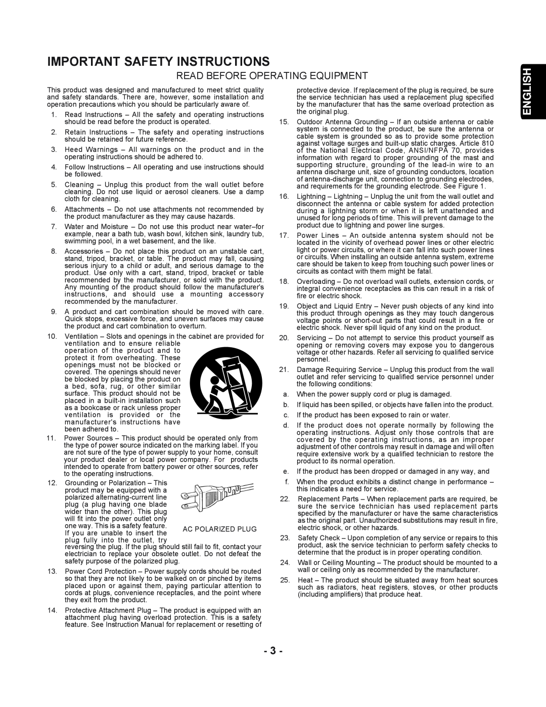 Marantz PMD351 manual Important Safety Instructions, Read Before Operating Equipment, English 