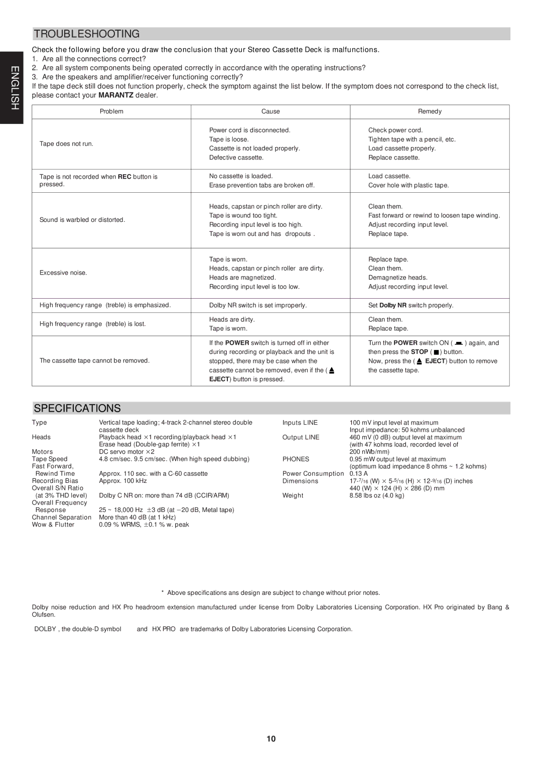 Marantz PMD505 manual Troubleshooting, Specifications 