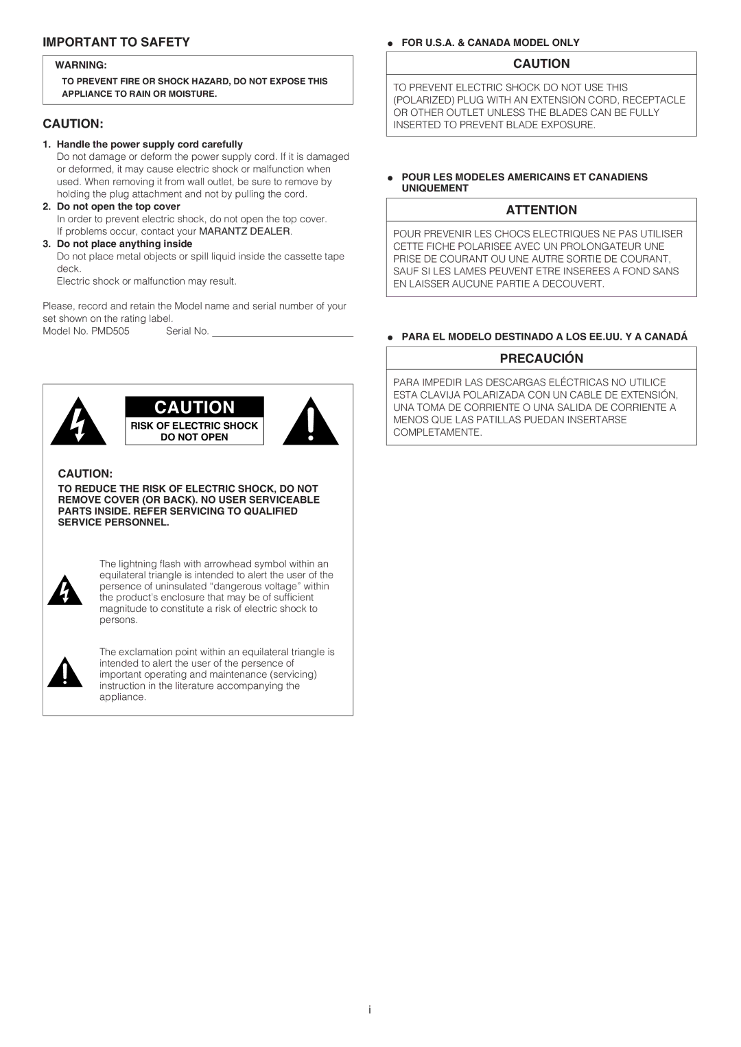 Marantz PMD505 manual Important to Safety, Precaución, Handle the power supply cord carefully, Do not open the top cover 