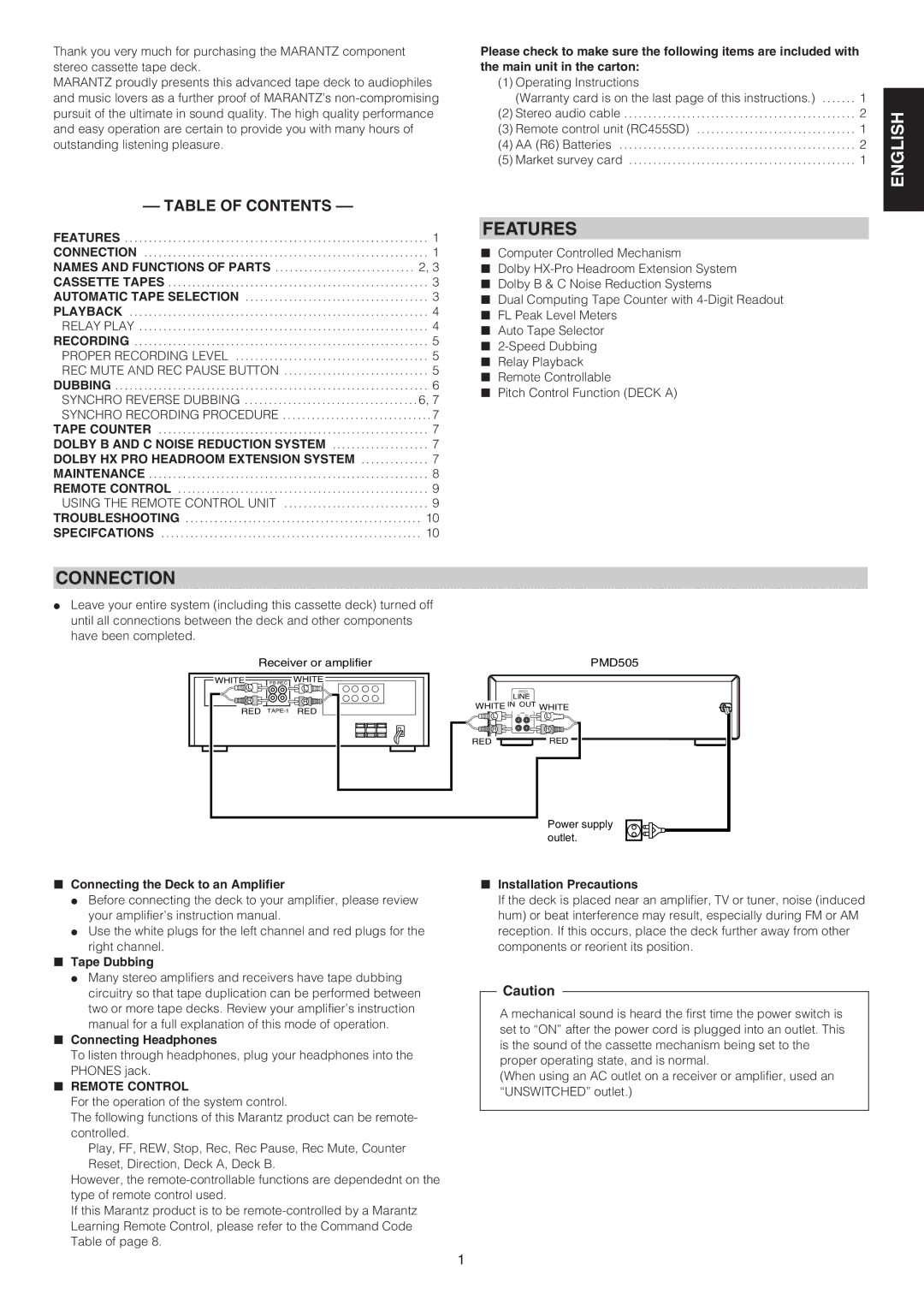 Marantz PMD505 manual English, Features, Español Français, Connection, Table of Contents 