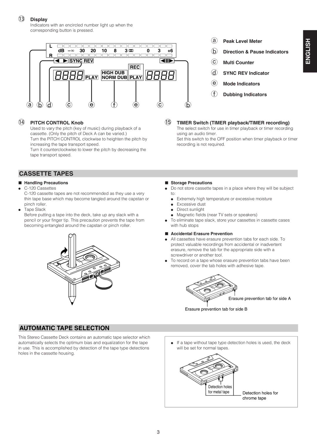 Marantz PMD505 manual Français English, Cassette Tapes, Automatic Tape Selection 