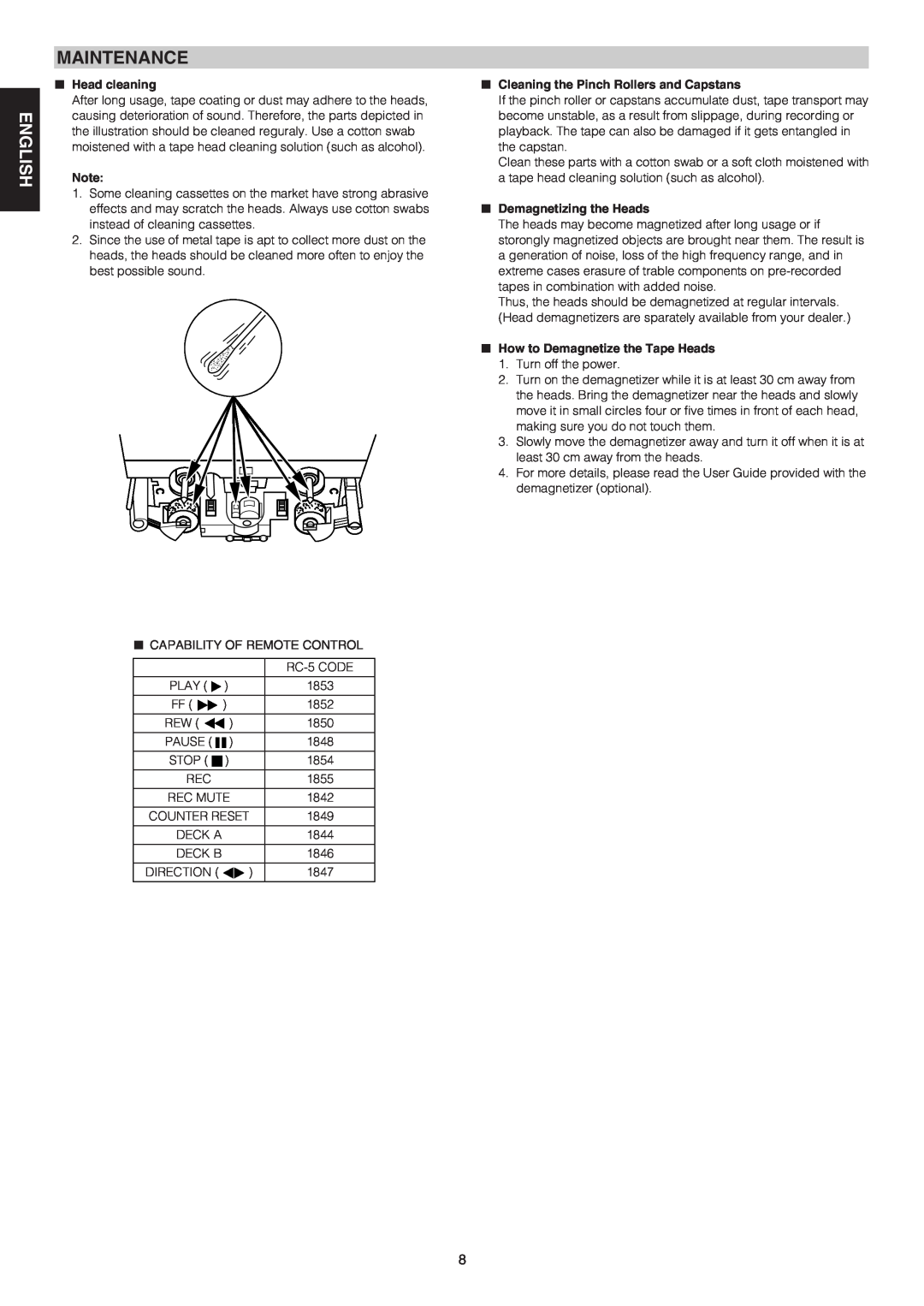Marantz PMD505 manual English Français Español, Maintenance, Head cleaning, Cleaning the Pinch Rollers and Capstans 
