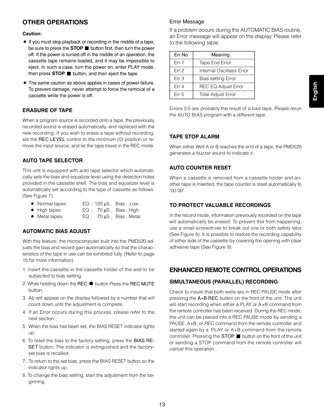 Marantz PMD520 manual Other Operations, Enhanced Remote Control Operations 