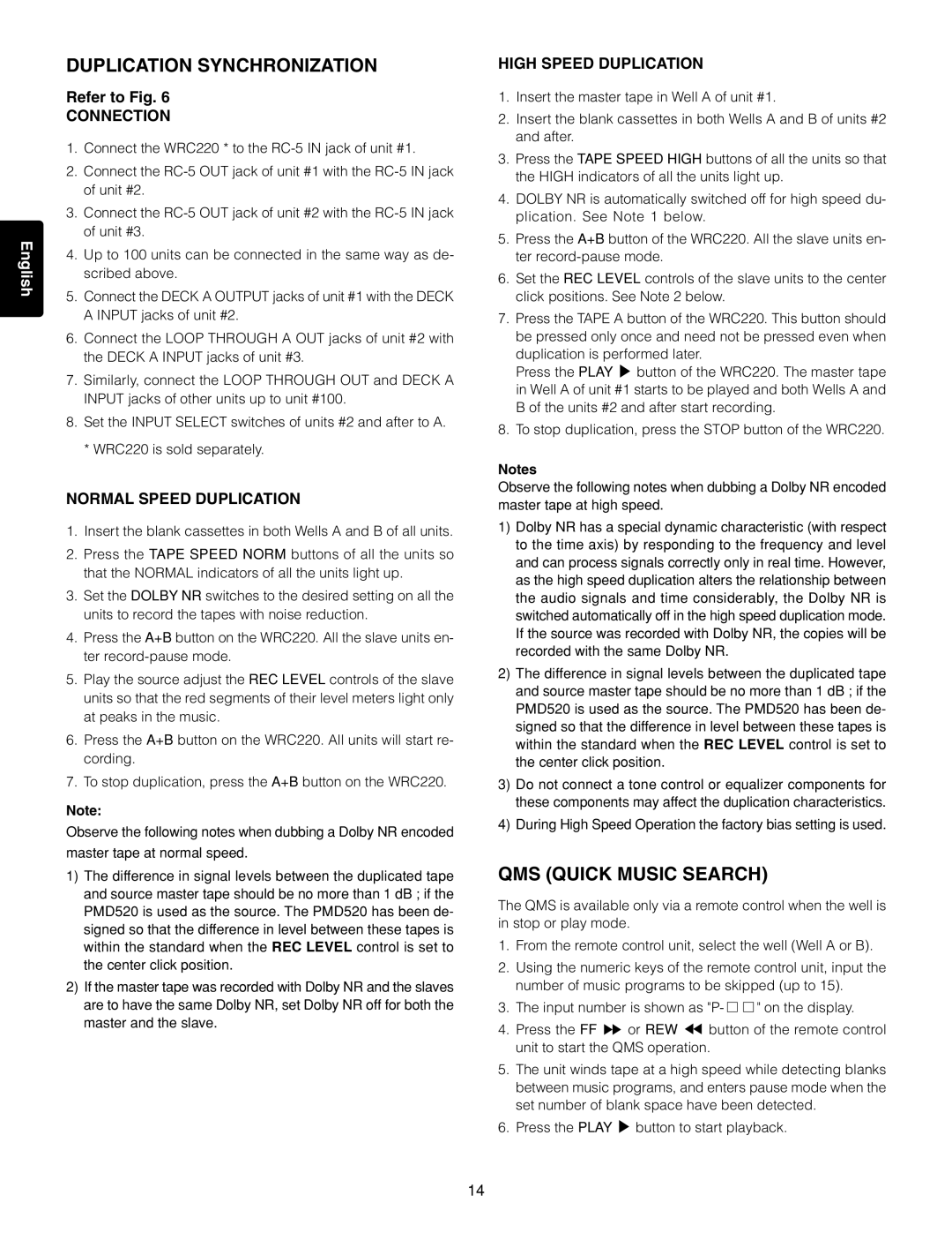 Marantz PMD520 manual Duplication Synchronization, QMS Quick Music Search, Connection, Normal Speed Duplication 