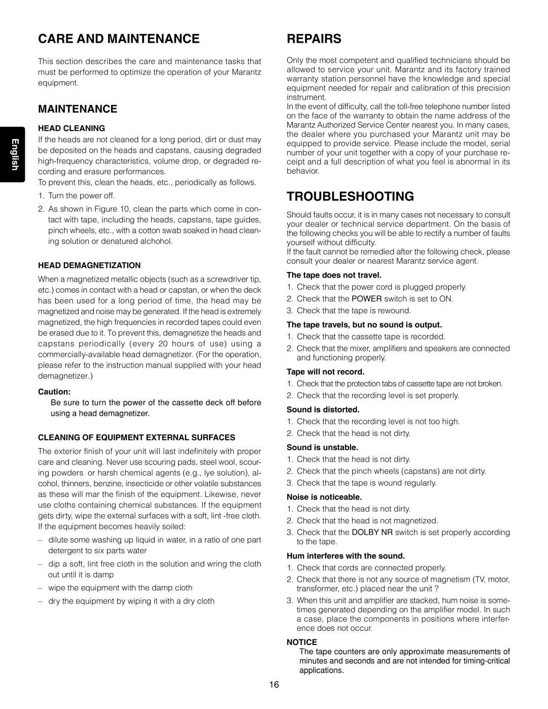 Marantz PMD520 manual Care and Maintenance, Repairs, Troubleshooting 