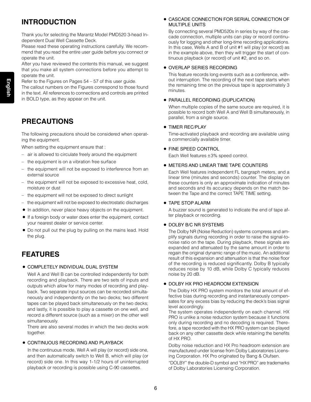 Marantz PMD520 manual Introduction, Precautions, Features 