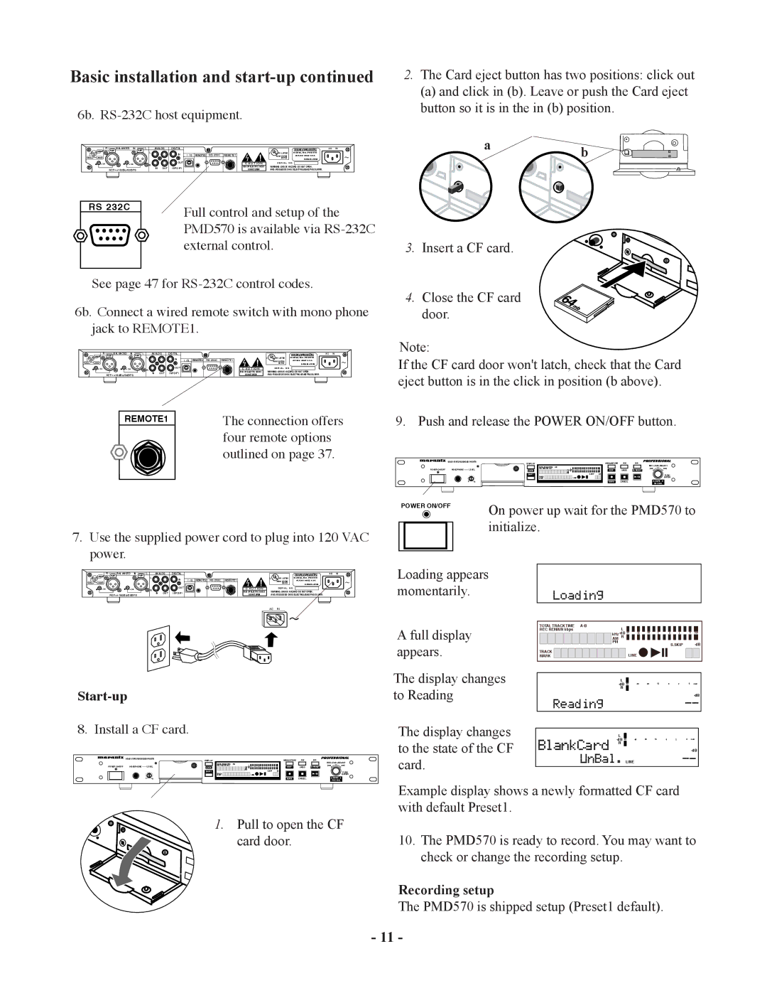 Marantz PMD570 manual Initialize, Start-up, Recording setup 