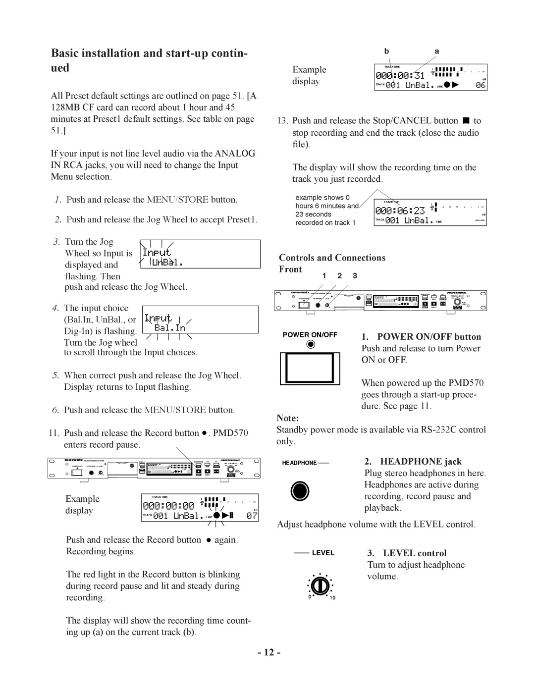 Marantz PMD570 manual Example, Display, Controls and Connections Front, Power ON/OFF button, Headphone jack, Level control 