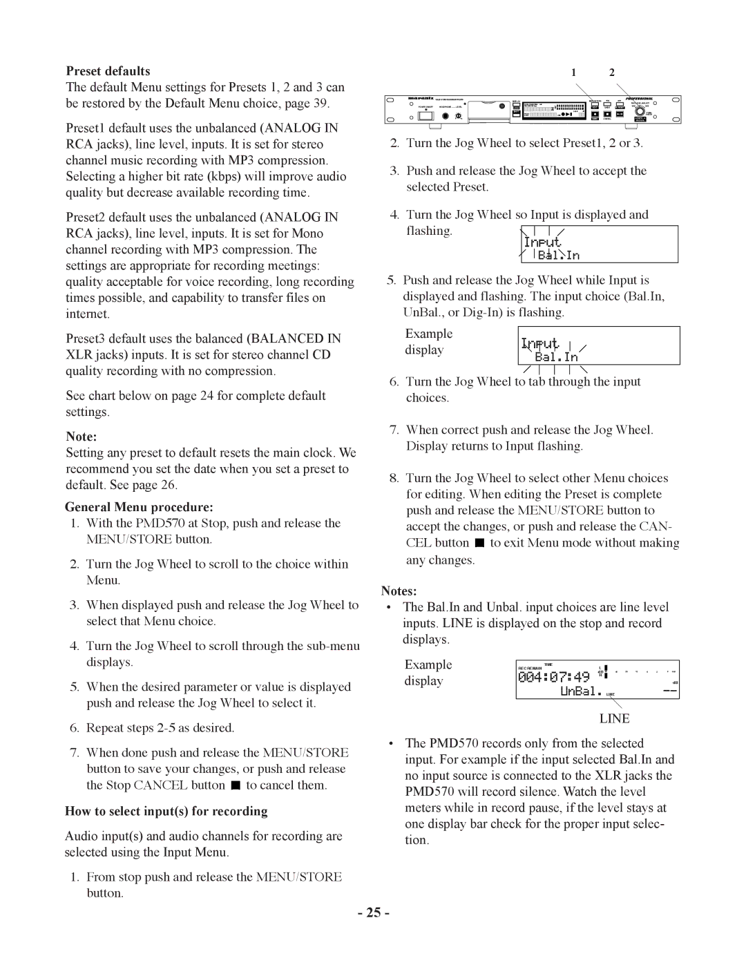 Marantz PMD570 manual Preset defaults, General Menu procedure, How to select inputs for recording 