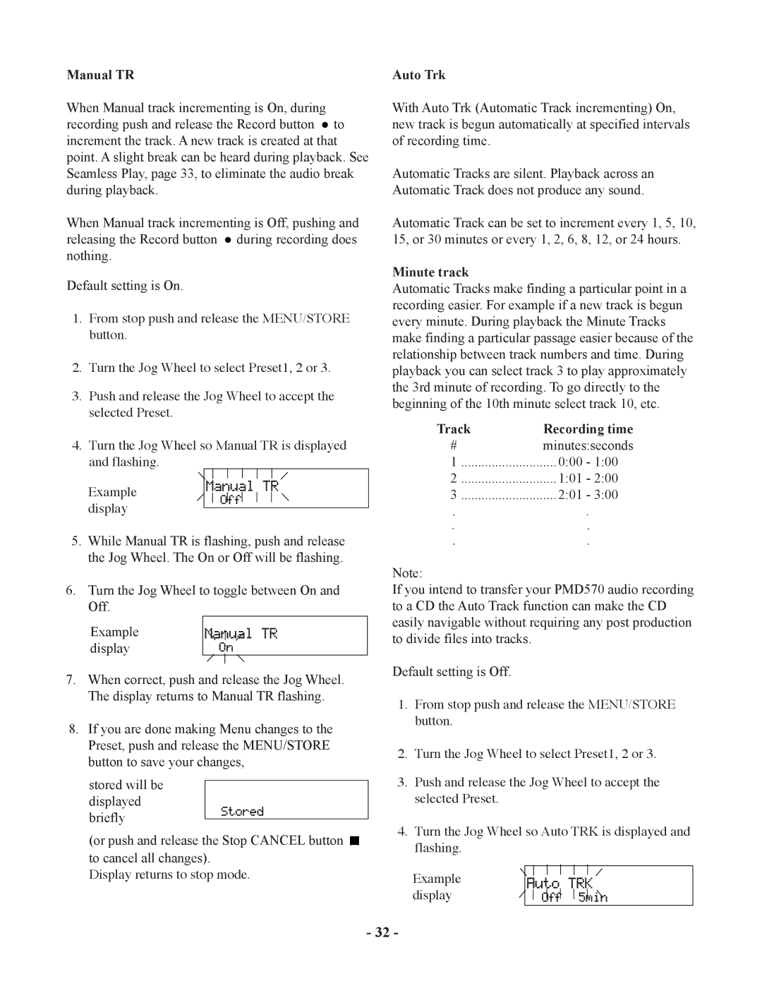 Marantz PMD570 manual Manual TR, Auto Trk, Minute track, Track 