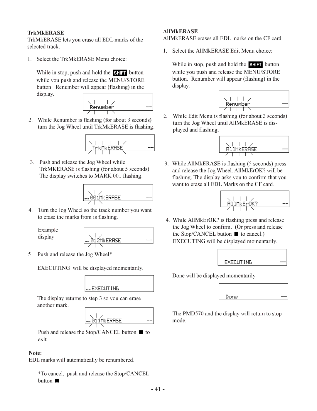 Marantz PMD570 manual TrkMkERASE, Display returns to so you can erase another mark, AllMkERASE 