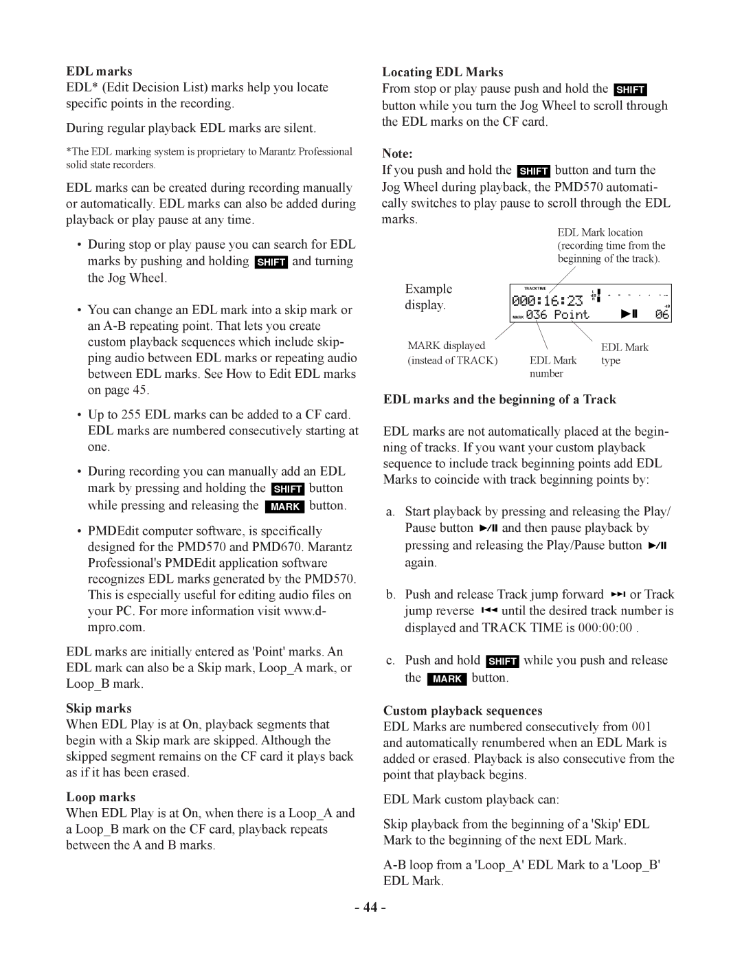 Marantz PMD570 manual Locating EDL Marks, Skip marks, Loop marks, EDL marks and the beginning of a Track 