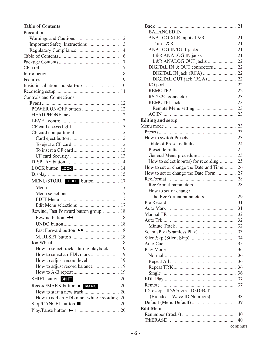 Marantz PMD570 manual Table of Contents, Editing and setup, Edit Menu 