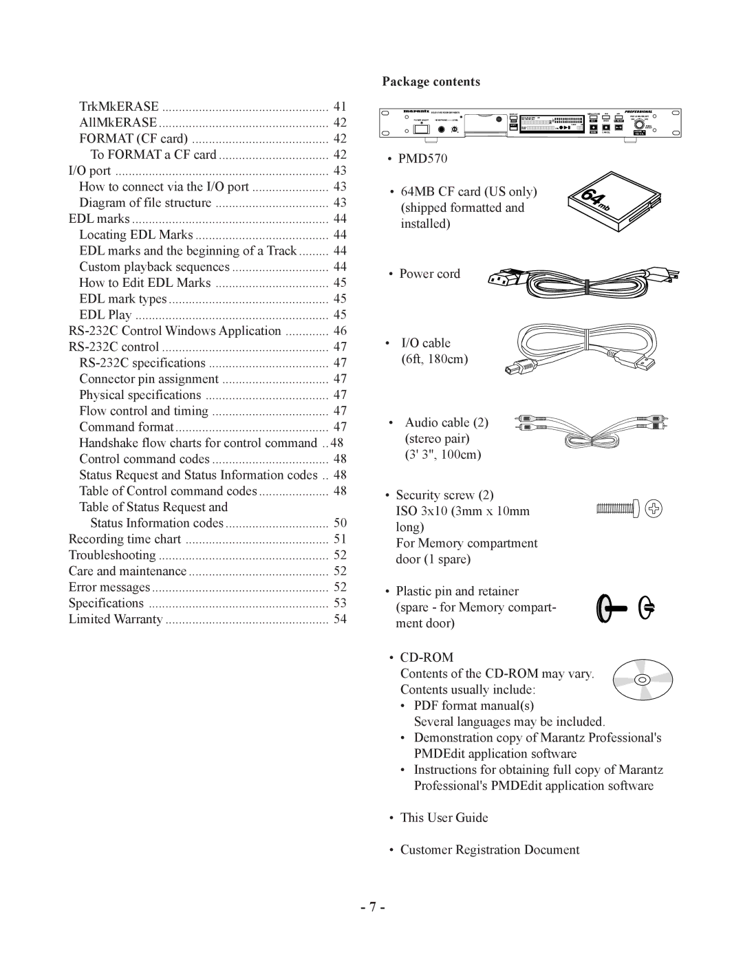 Marantz PMD570 manual Package contents 