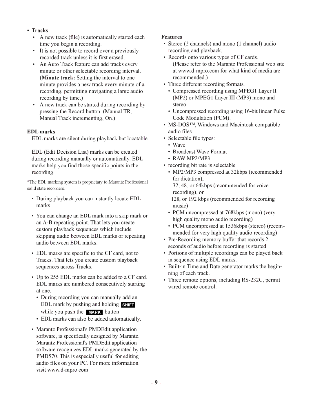 Marantz PMD570 manual Tracks, EDL marks, Features 