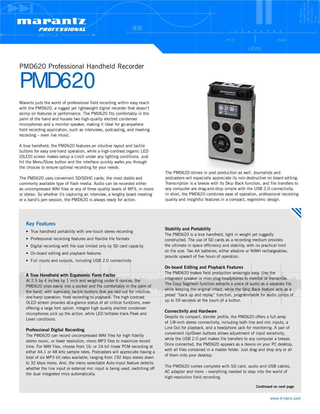 Marantz PMD620 manual A True Handheld with Ergonomic Form Factor, Professional Digital Recording, Key Features 