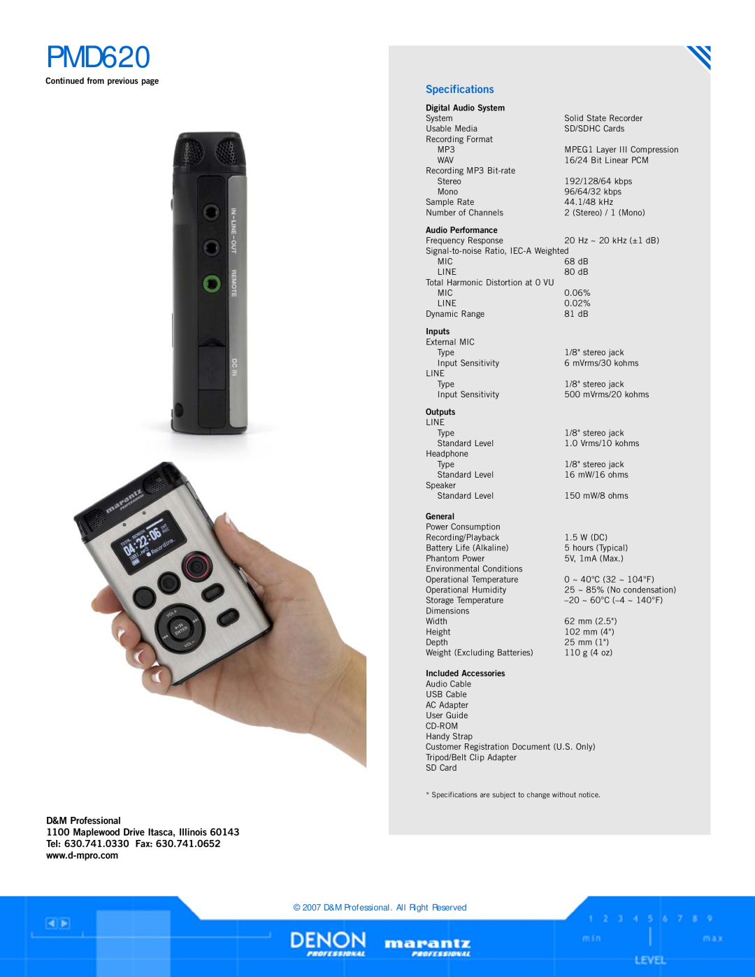 Marantz PMD620 D&M Professional, Specifications, Continued from previous page, Digital Audio System, Audio Performance 