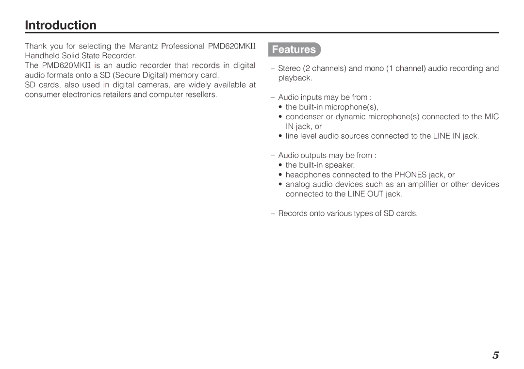 Marantz PMD620MKII manual Introduction, Features 