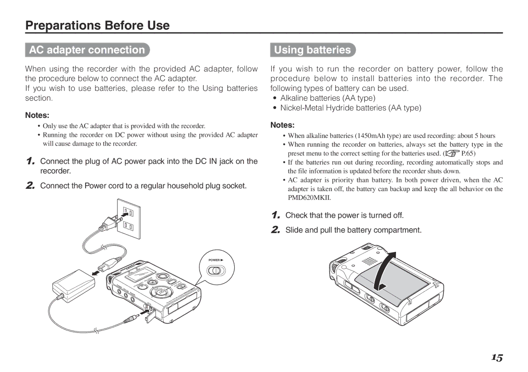 Marantz PMD620MKII manual Preparations Before Use, AC adapter connection, Using batteries 