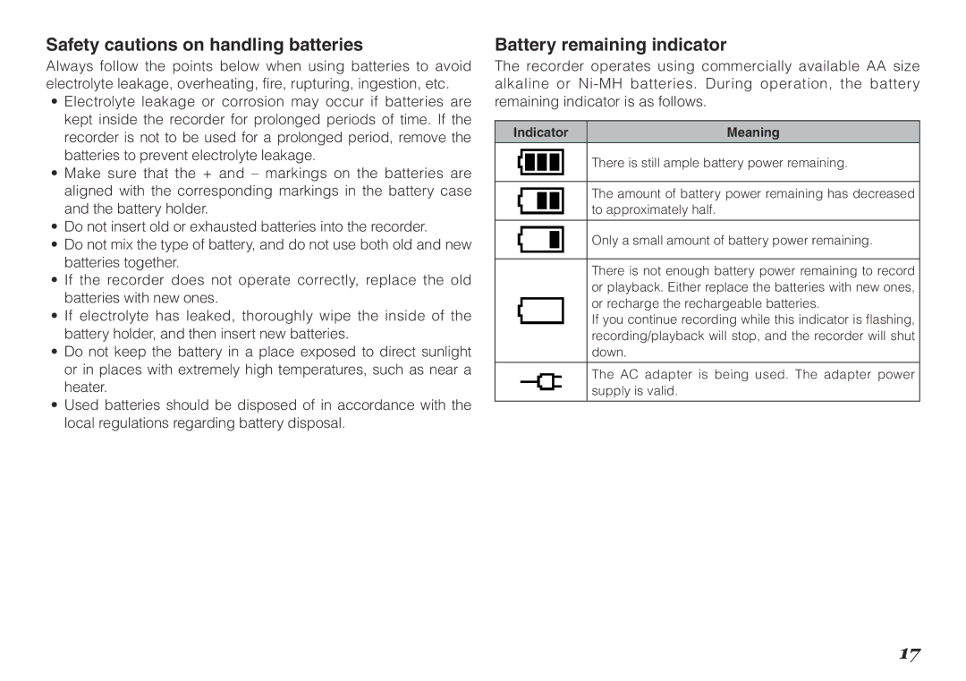 Marantz PMD620MKII manual Safety cautions on handling batteries, Battery remaining indicator, Indicator 