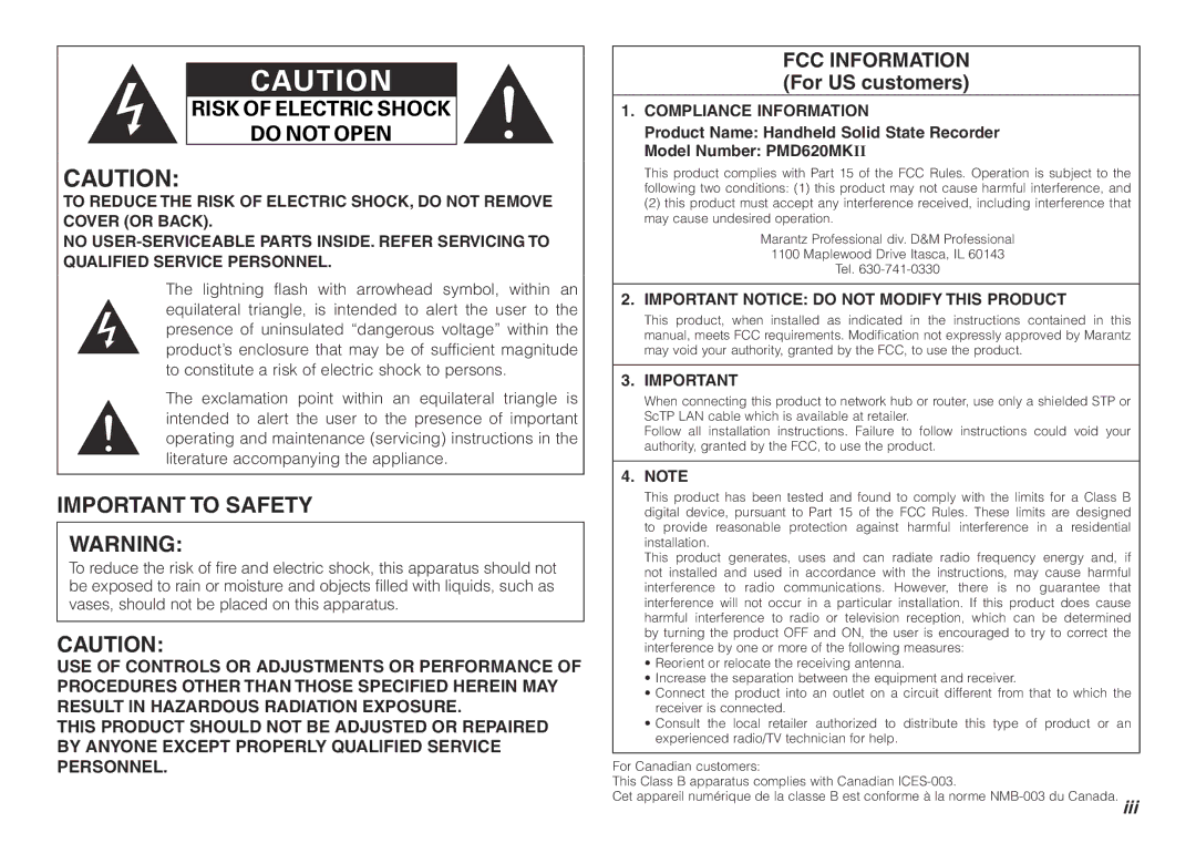 Marantz PMD620MKII manual Important to Safety 