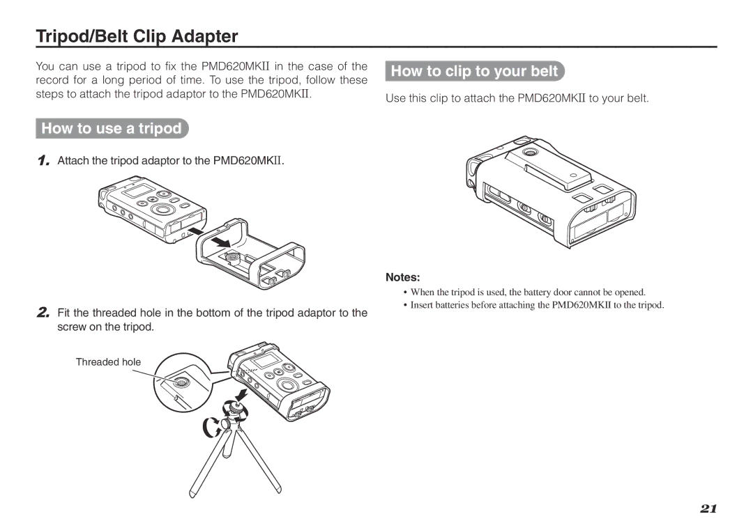 Marantz PMD620MKII manual Tripod/Belt Clip Adapter, How to use a tripod 