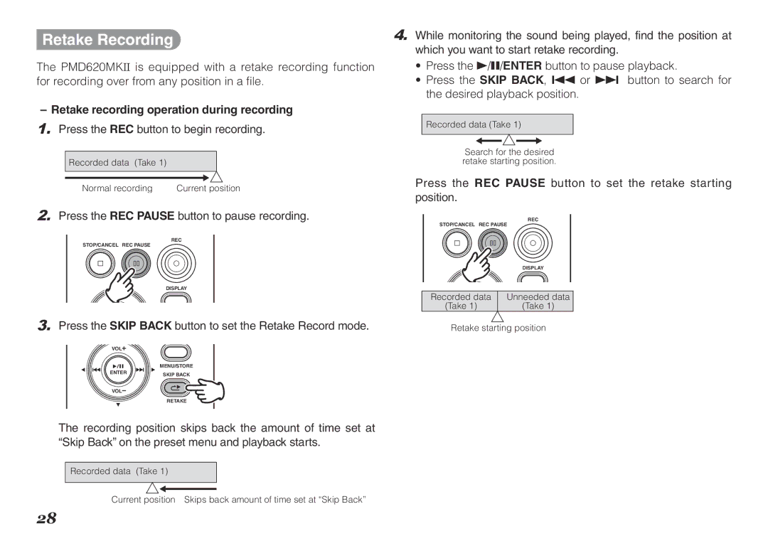 Marantz PMD620MKII manual Retake Recording, Retake recording operation during recording 