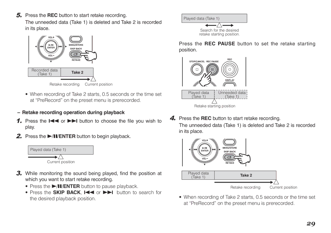 Marantz PMD620MKII manual Retake recording operation during playback 