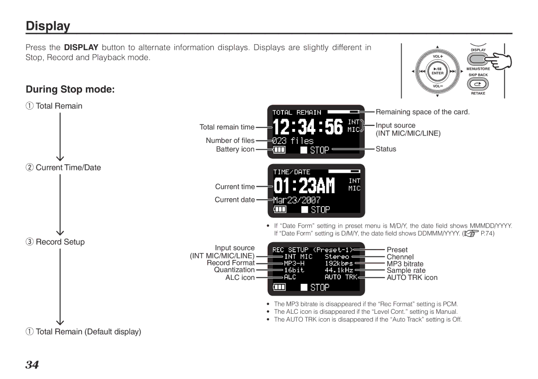 Marantz PMD620MKII manual Display, During Stop mode 