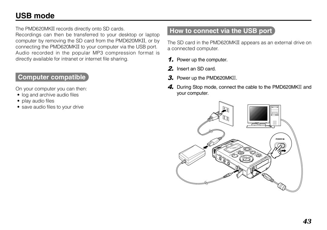 Marantz PMD620MKII manual USB mode, Computer compatible, How to connect via the USB port 