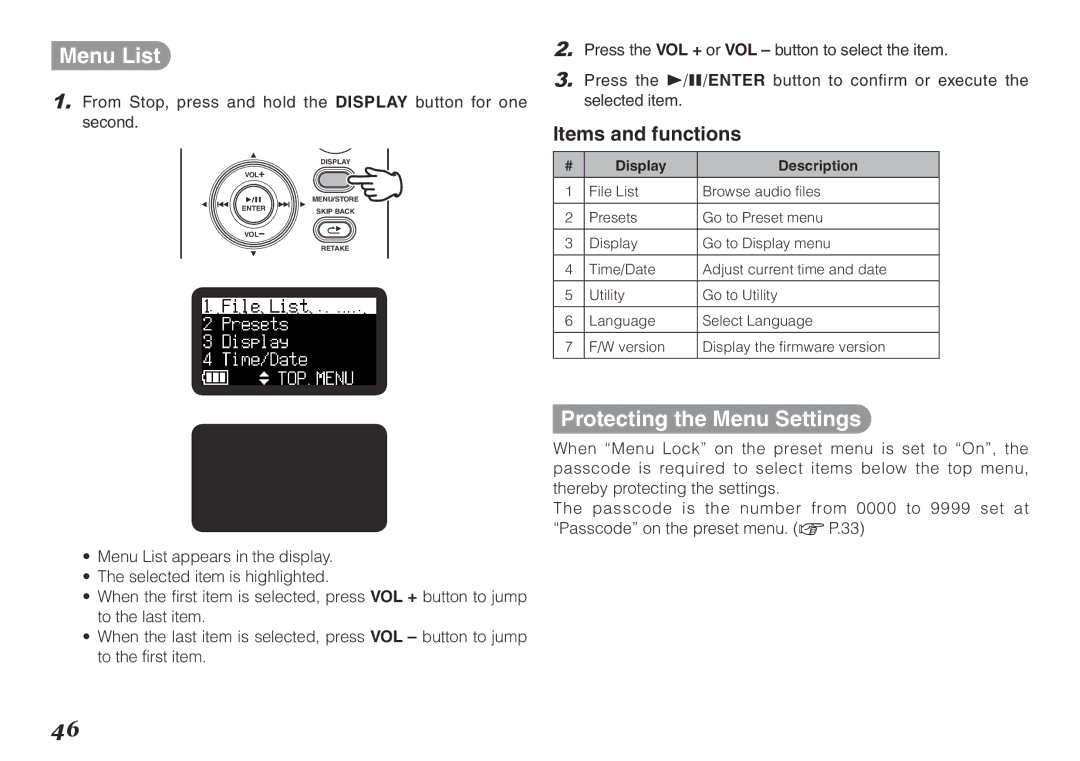 Marantz PMD620MKII manual Menu List, Protecting the Menu Settings, Items and functions, Display Description 