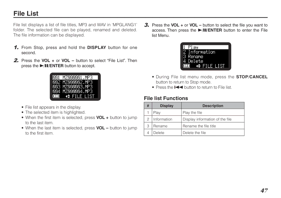 Marantz PMD620MKII manual File List, File list Functions 