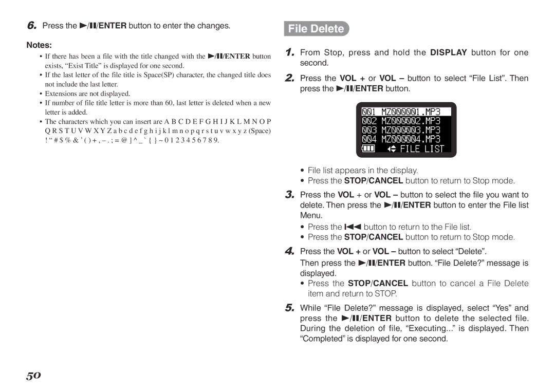 Marantz PMD620MKII manual File Delete, Press the 1/3/ENTER button to enter the changes 