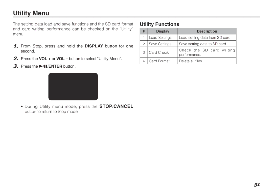 Marantz PMD620MKII manual Utility Menu, Utility Functions 