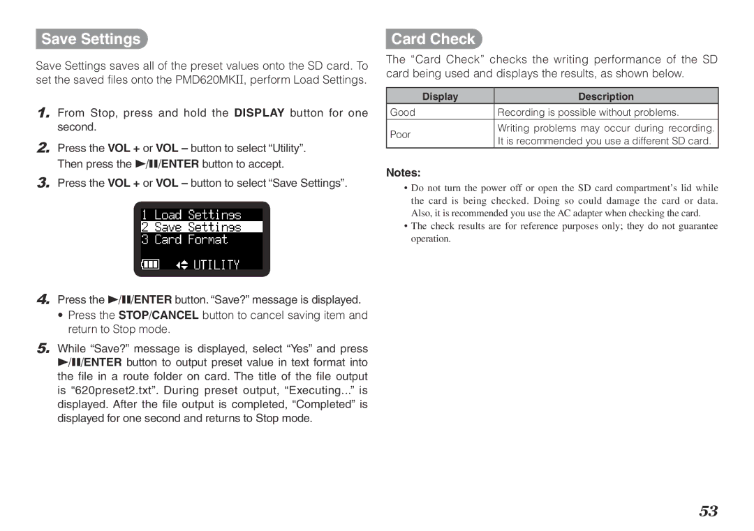 Marantz PMD620MKII manual Save Settings, Card Check 