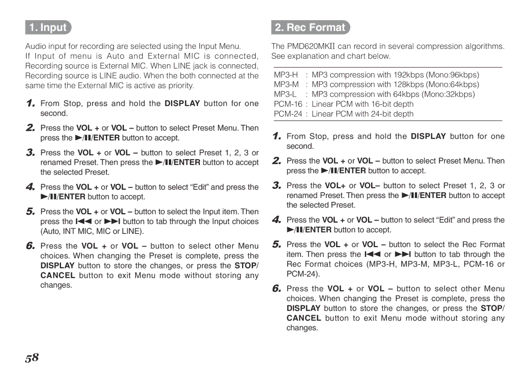 Marantz PMD620MKII manual Input, Rec Format 