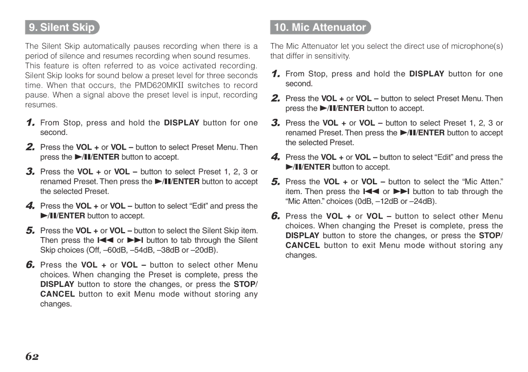Marantz PMD620MKII manual Silent Skip, Mic Attenuator 