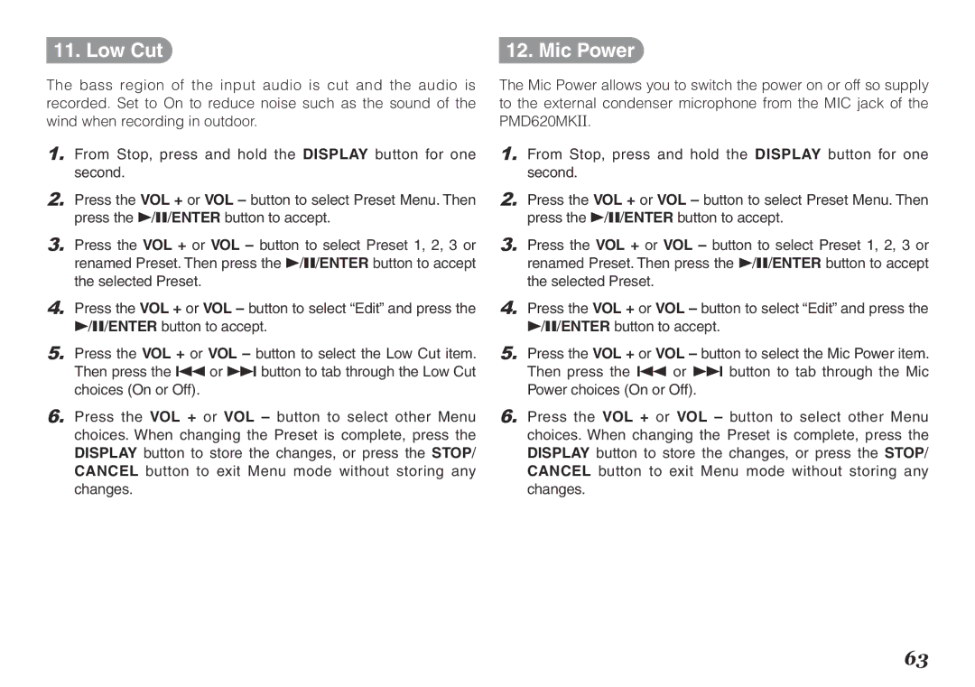 Marantz PMD620MKII manual Low Cut, Mic Power 