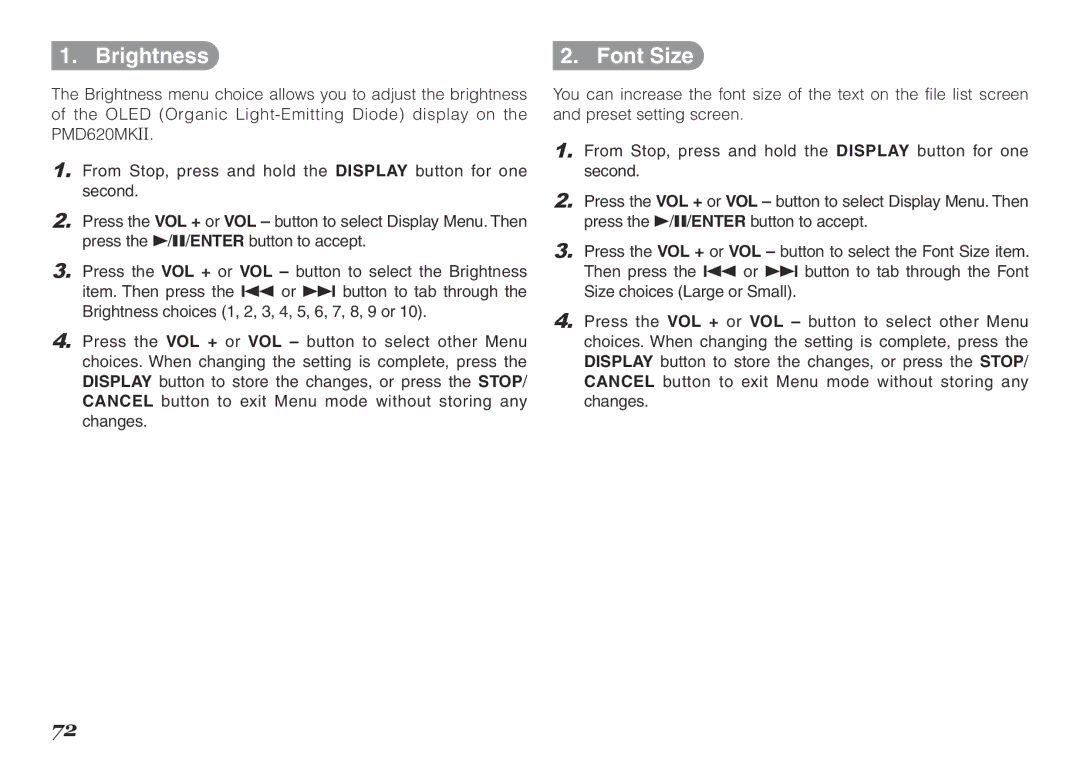 Marantz PMD620MKII manual Brightness Font Size 