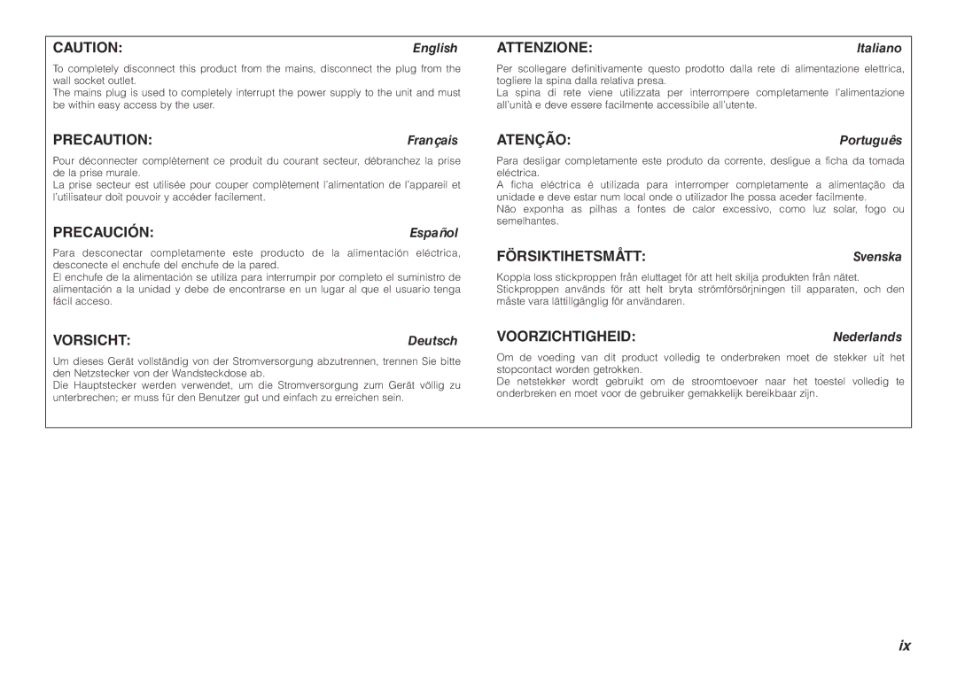 Marantz PMD620MKII manual PRECAUTIONFrançais, PRECAUCIÓNEspañol, VORSICHTDeutsch, ATTENZIONEItaliano, ATENÇÃOPortuguês 