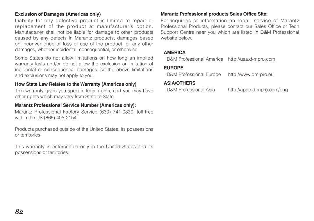 Marantz PMD620MKII manual Exclusion of Damages Americas only, How State Law Relates to the Warranty Americas only 